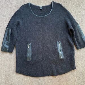 Chicos Black Label Black Wool Sweater With Faux Leather Trim